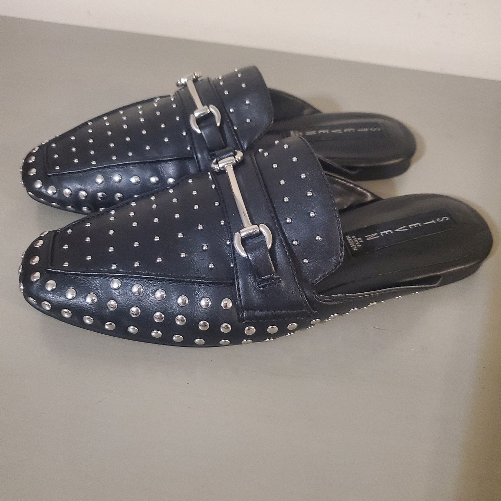 Steven by Steve Madden Razzi Black Leather Studded Loafer Slides Slip On Mules - Picture 6 of 7